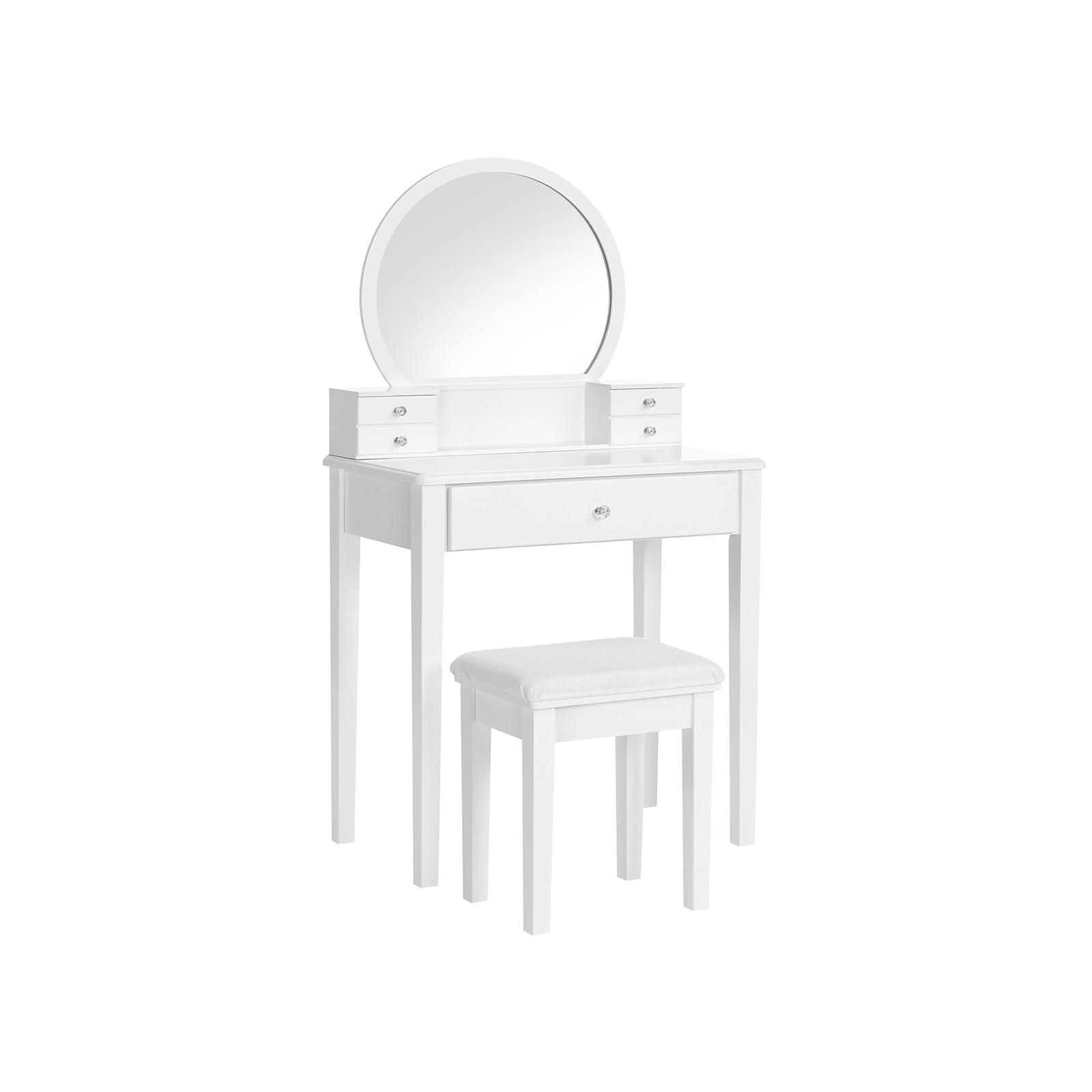 Baltas kosmetinis staliukas su apvaliu veidrodžiu ir minkšta kėde