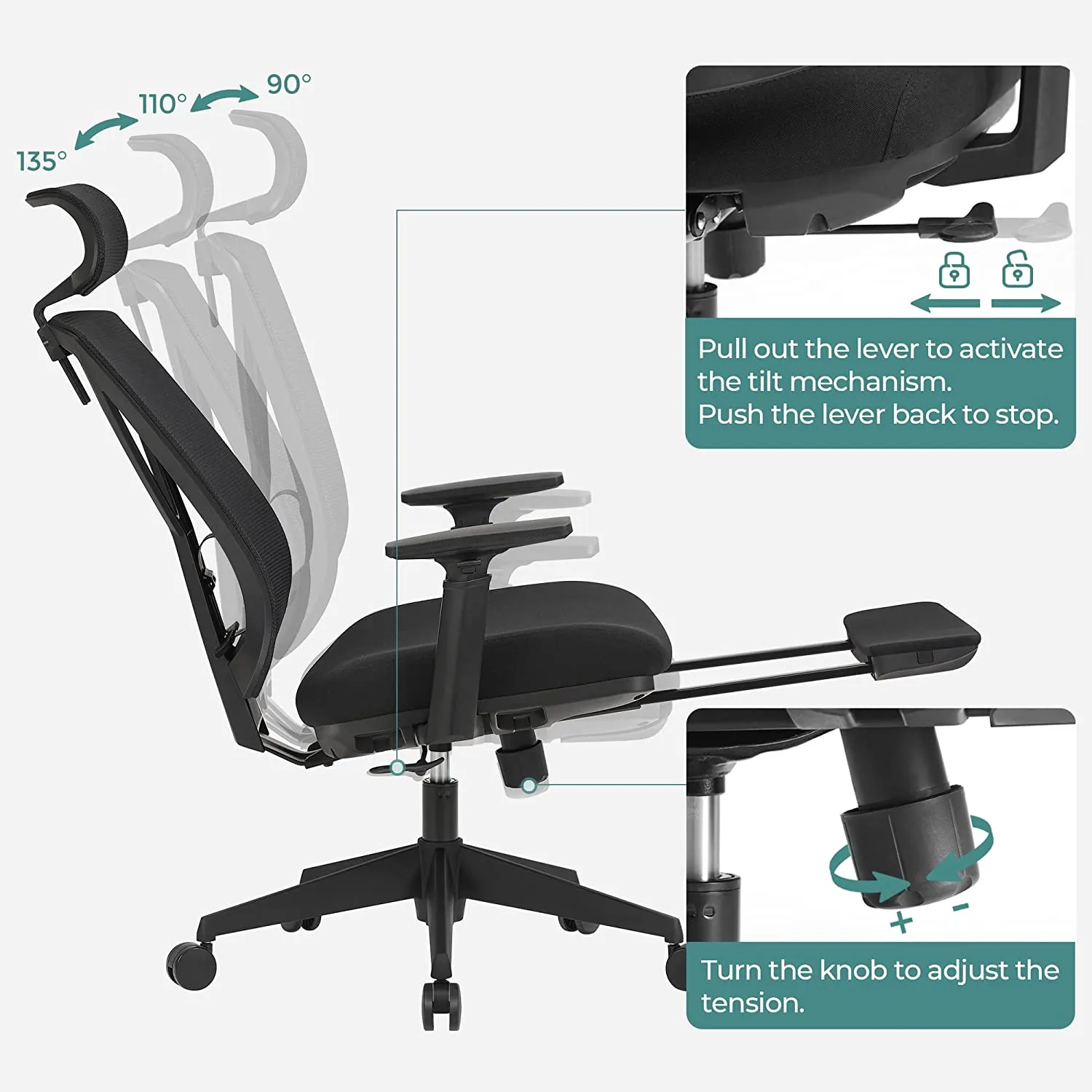 OBN61BKV1 4 balduloftaslt Biuro kėdė su ištraukiama kojų atrama tinkleliu ergonominė juoda Biuras