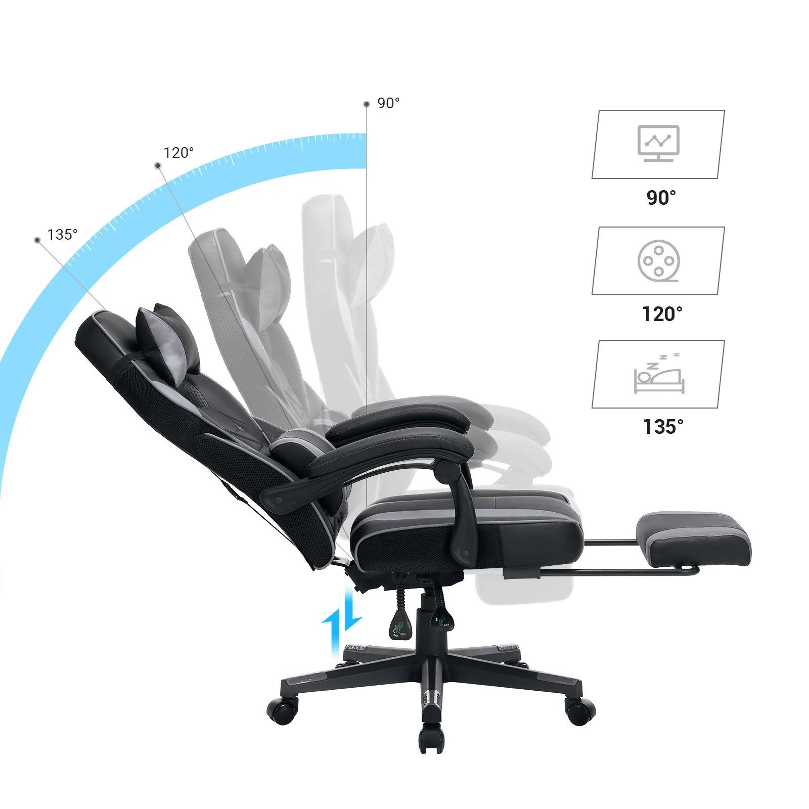 Ergonominė žaidimų kėdė su atrama kojoms juoda pilka Ergonominė žaidimų kėdė su atrama kojoms juoda pilka Akcija
