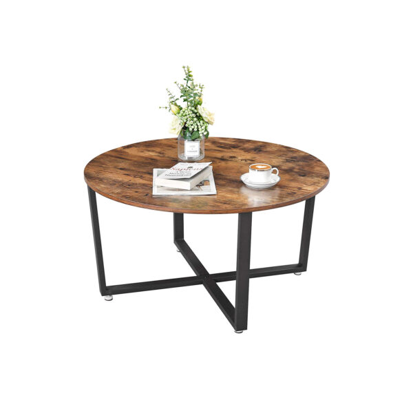 Kavos staliukas apskritas vintažinis rudas su juodu plieno rėmu 2