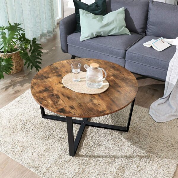 Kavos staliukas apskritas vintažinis rudas su juodu plieno rėmu 4