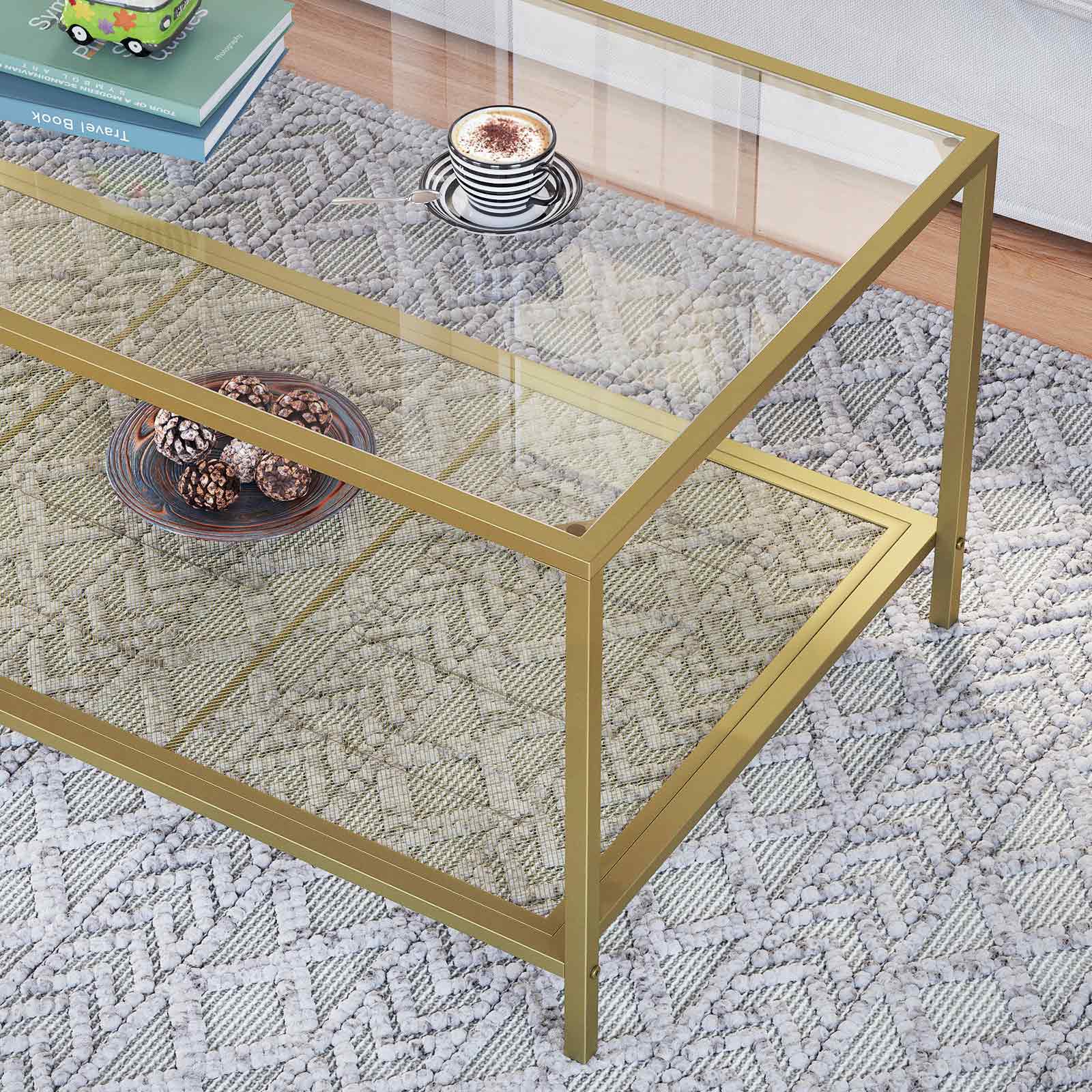 Kavos staliukas aukso spalvos stikliniu stalviršiumi ir plieno tinklo lentyna 5