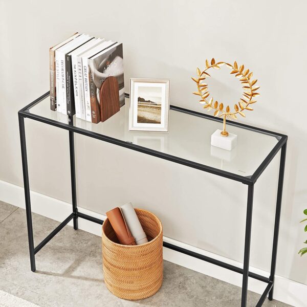 Konsolinis stalas lentyna minimalistinio stiliaus juoda su stiklu 3