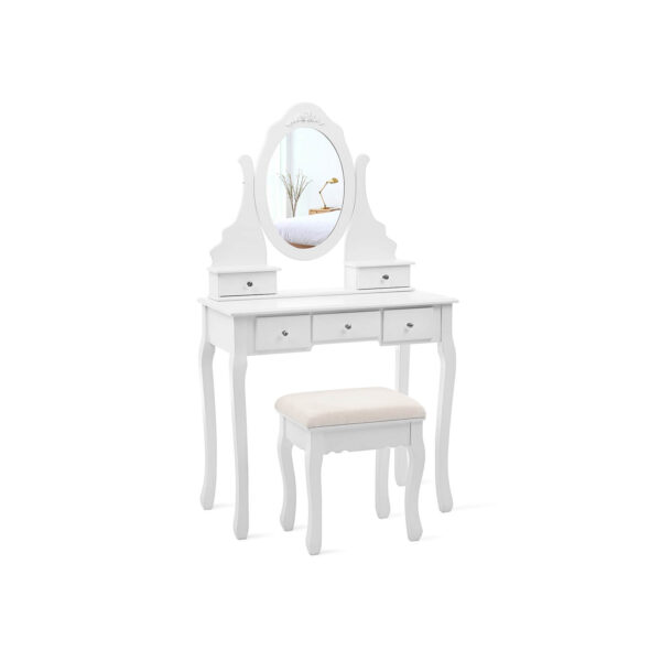 Kosmetinis staliukas 5 stalčiais veidrodžiu ir paminkštinta taburete baltas 2