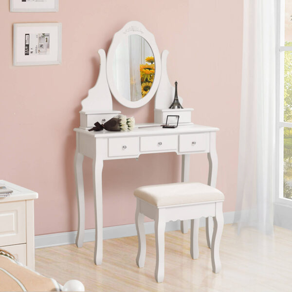 Kosmetinis staliukas 5 stalčiais veidrodžiu ir paminkštinta taburete baltas 3