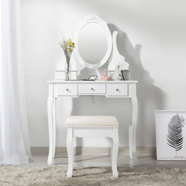 Kosmetinis staliukas 5 stalčiais veidrodžiu ir paminkštinta taburete baltas 4