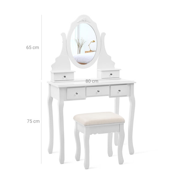 Kosmetinis staliukas 5 stalčiais veidrodžiu ir paminkštinta taburete baltas 7