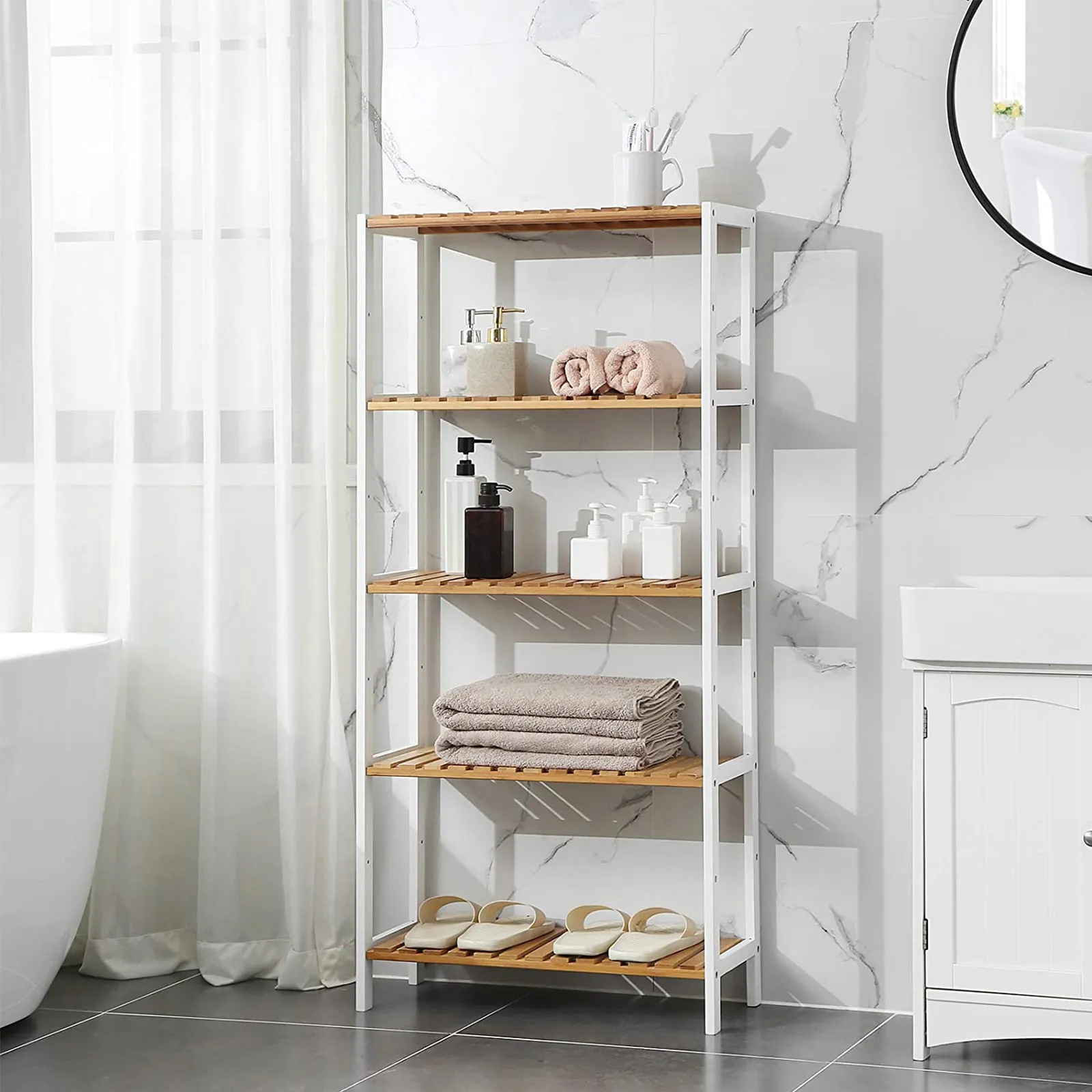 Badezimmerregal mit 5 Ebenen BCB35WN 2 balduloftaslt Badezimmerregal mit Ebenen BCBWN