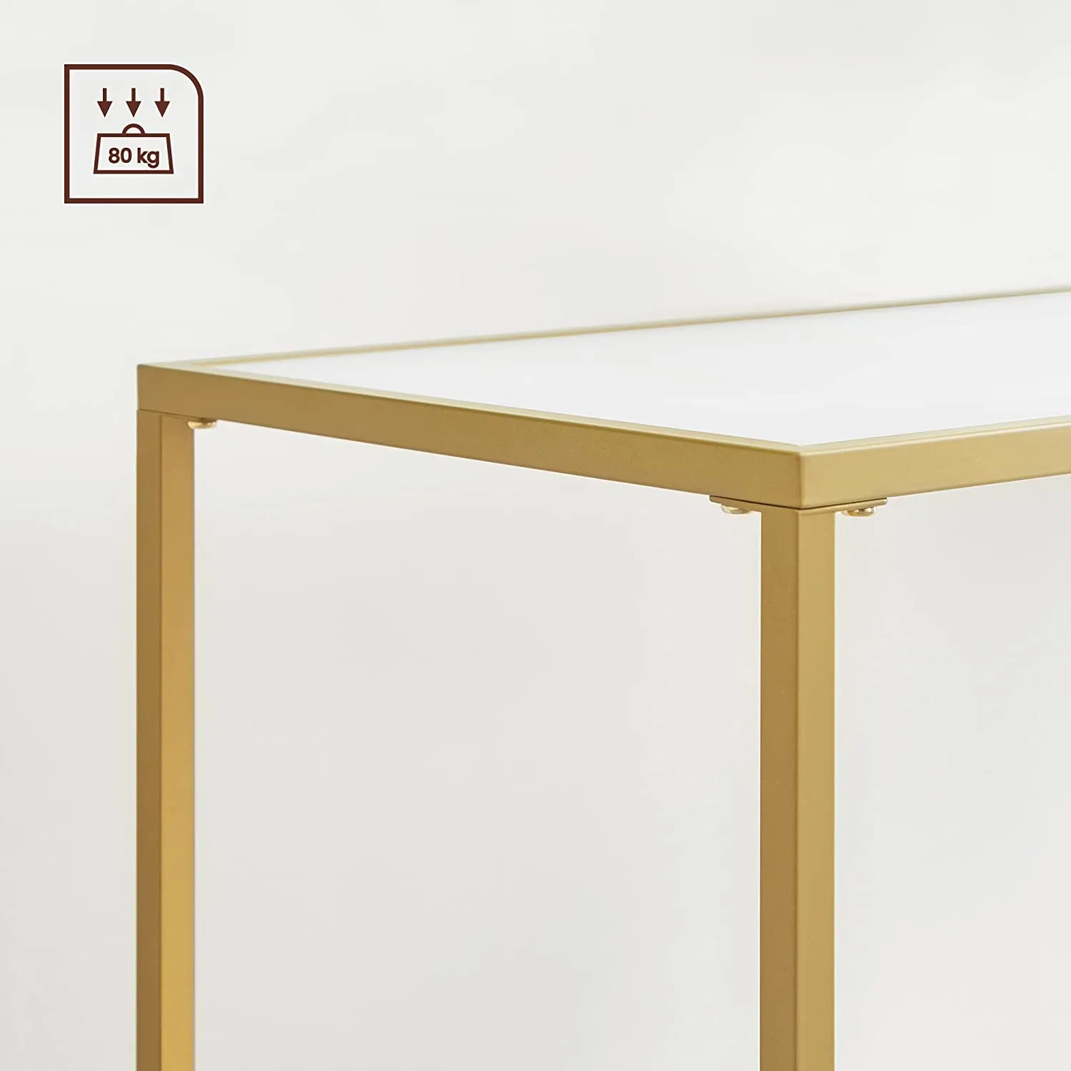 Minimalistinis konsolinis staliukas aukso spalvos plieno rėmu ir baltu viršumi Minimalistinis konsolinis staliukas aukso spalvos plieno rėmu ir baltu viršumi Akcija