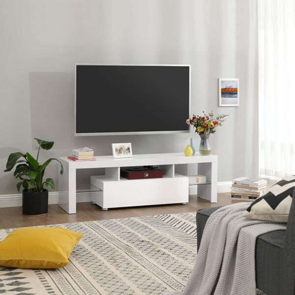 Moderni TV spintelė su stiklinėmis lentynomis ir Led apšvietimu balta blizgi 4