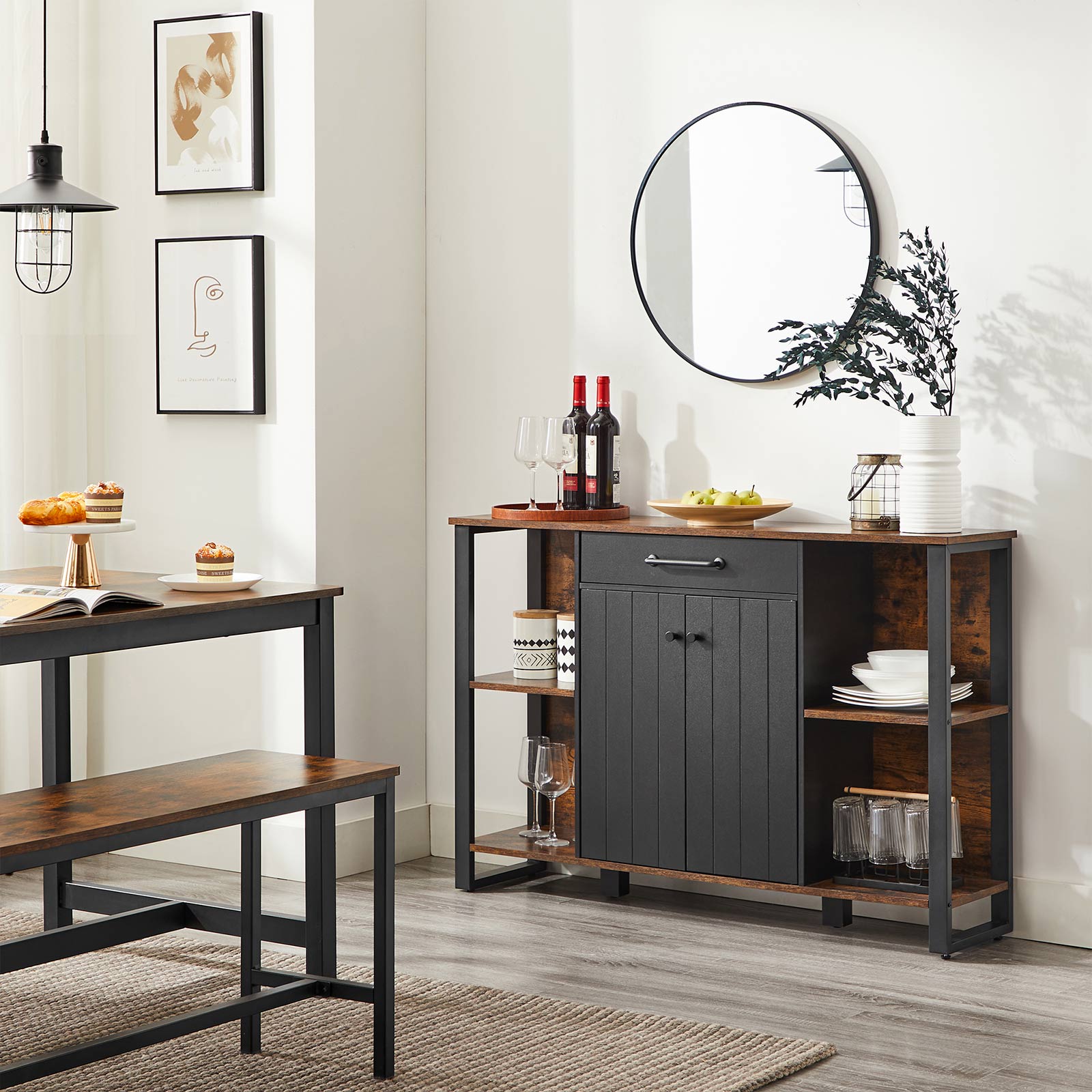 Pramoninio stiliaus virtuvės spintelė indauja su stalčiumi rudos-juodos spalvos 3