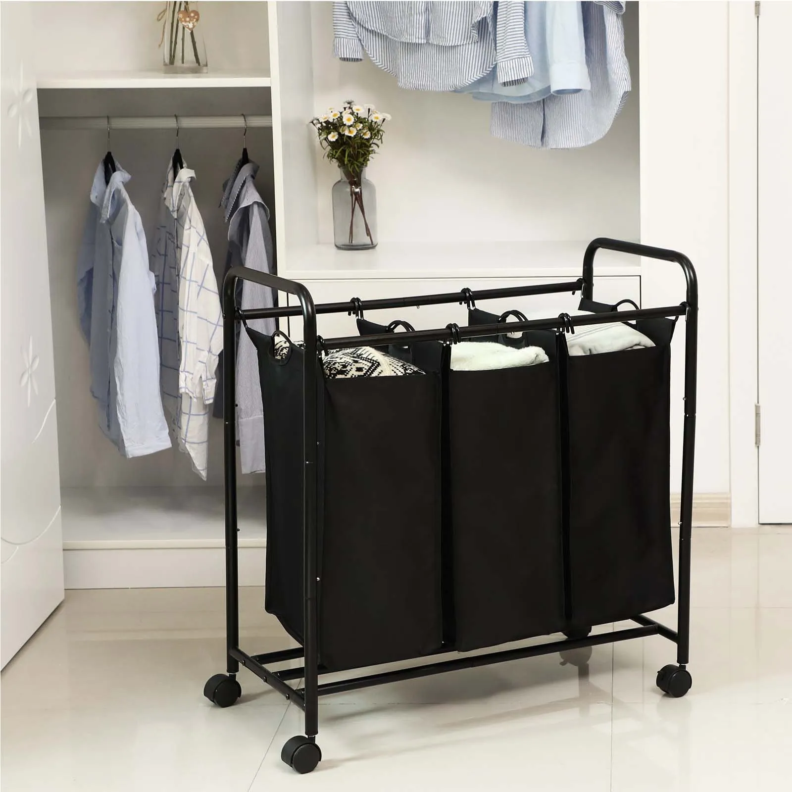 Skalbinių krepšys su 3 nuimamomis dalimis 4 ratukais Removable Bags Laundry Cart LSFB