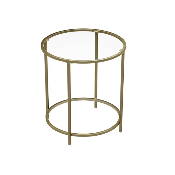 Stiklinis apvalus kavos staliukas aukso spalvos rėmu kompaktiškas 2