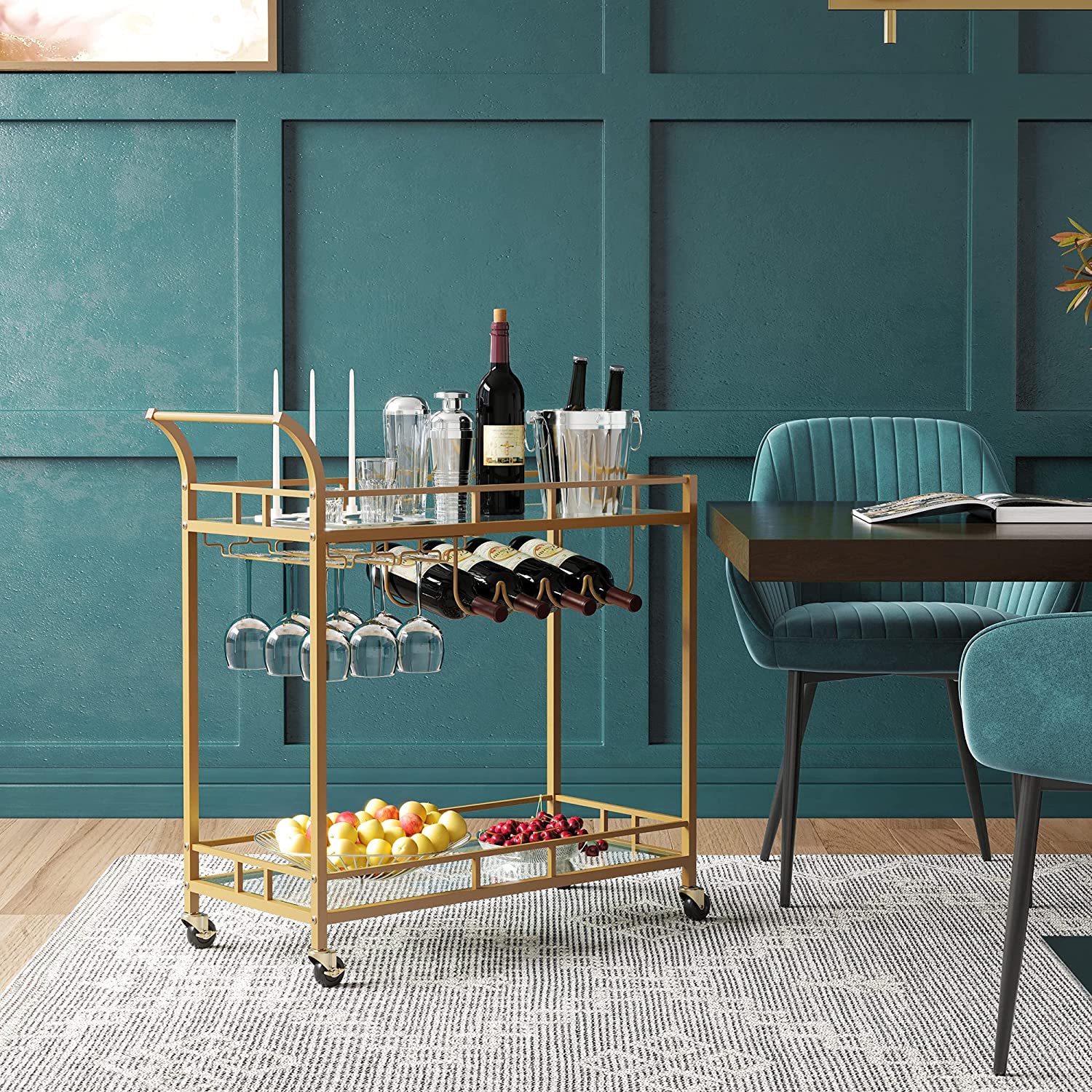 Virtuvinis vežimėlis auksinės spalvos su vyno laikikliais ir veidrodinėmis lentynėlėmis 4