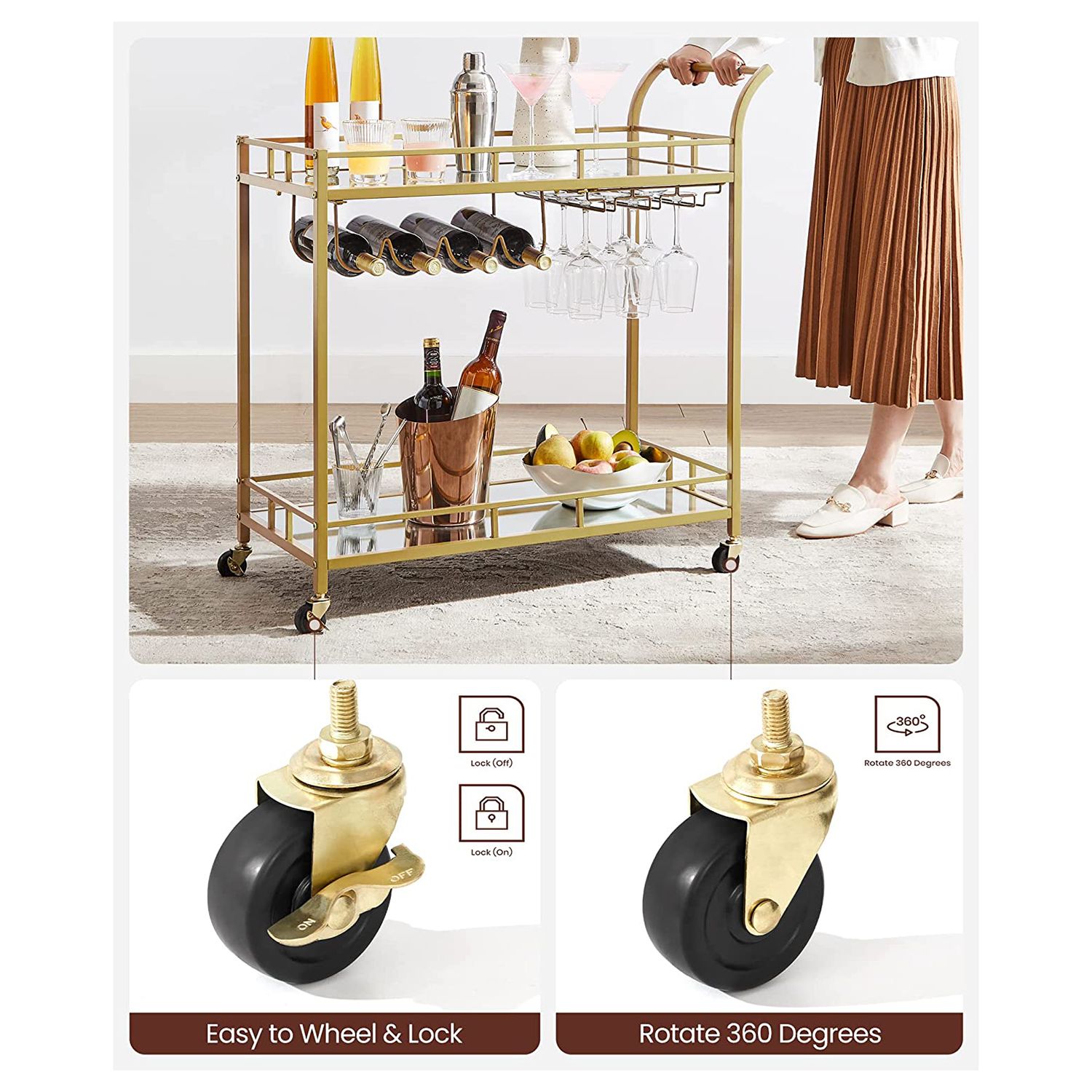 Virtuvinis vežimėlis auksinės spalvos su vyno laikikliais ir veidrodinėmis lentynėlėmis 6