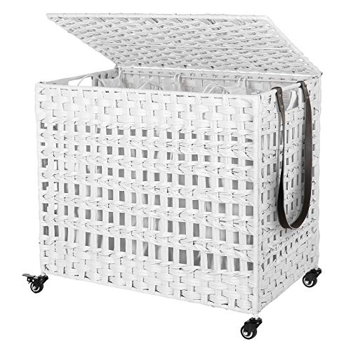 Skalbinių dėžė balta su ratukais sintetinio ratano su dangčiu
