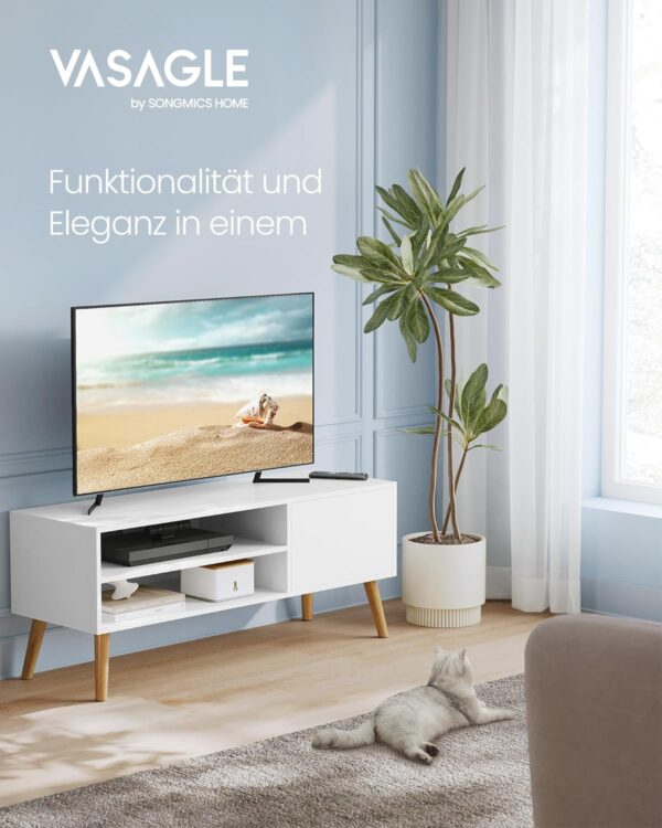 Tv Spintelė balta moderni 120cm ilgio su medinėmis kojomis 2 stalčiais ir durelėmis 2