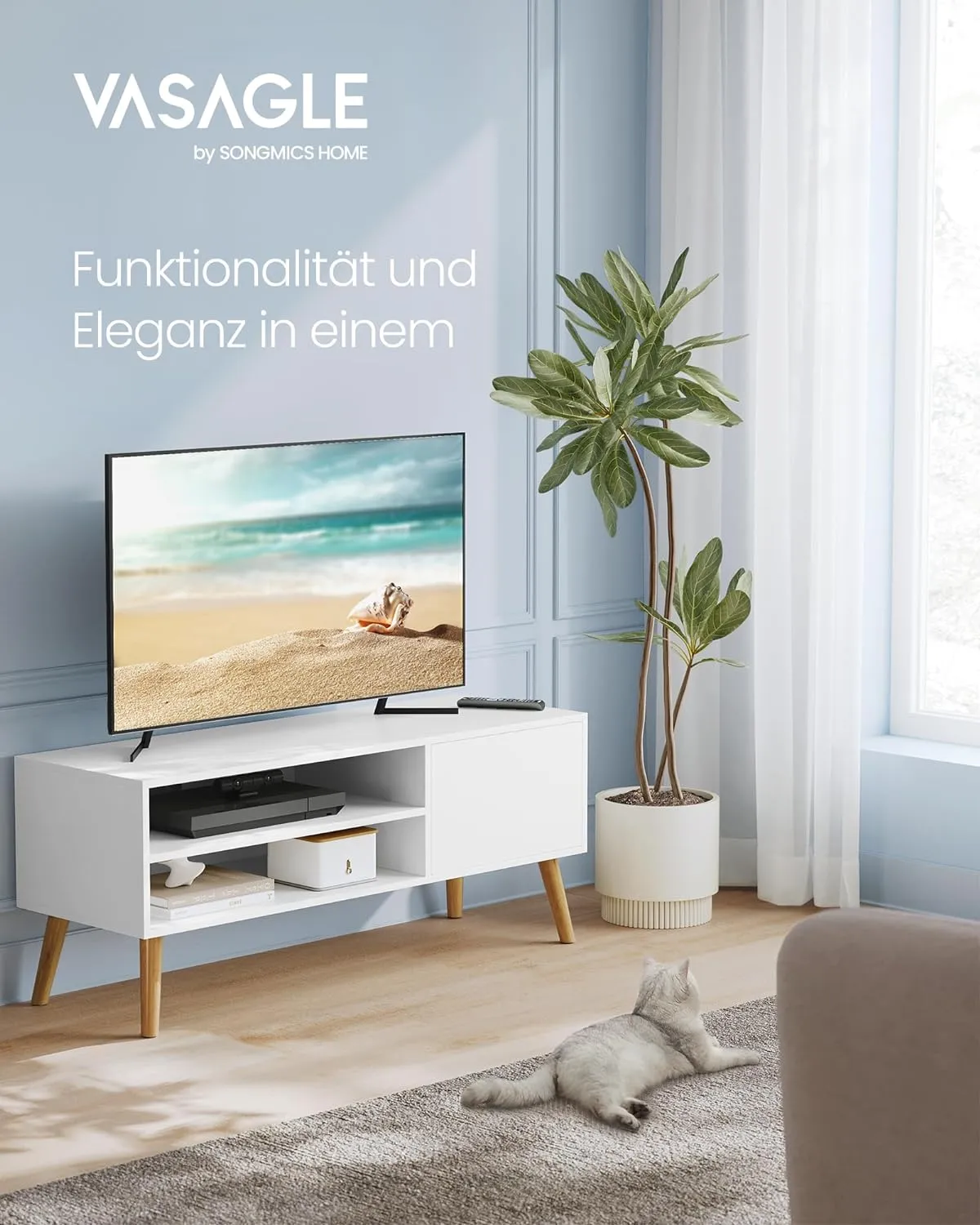 Tv Spintelė balta moderni 120cm ilgio su medinėmis kojomis 2 stalčiais ir durelėmis LTVT luckluck