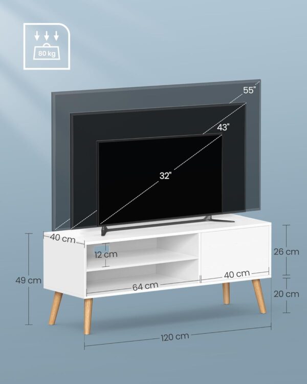 Tv Spintelė balta moderni 120cm ilgio su medinėmis kojomis 2 stalčiais ir durelėmis 4