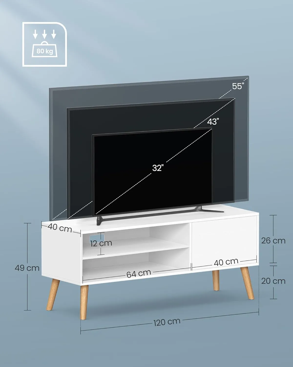 Tv Spintelė balta moderni 120cm ilgio su medinėmis kojomis 2 stalčiais ir durelėmis LTVT luckluck