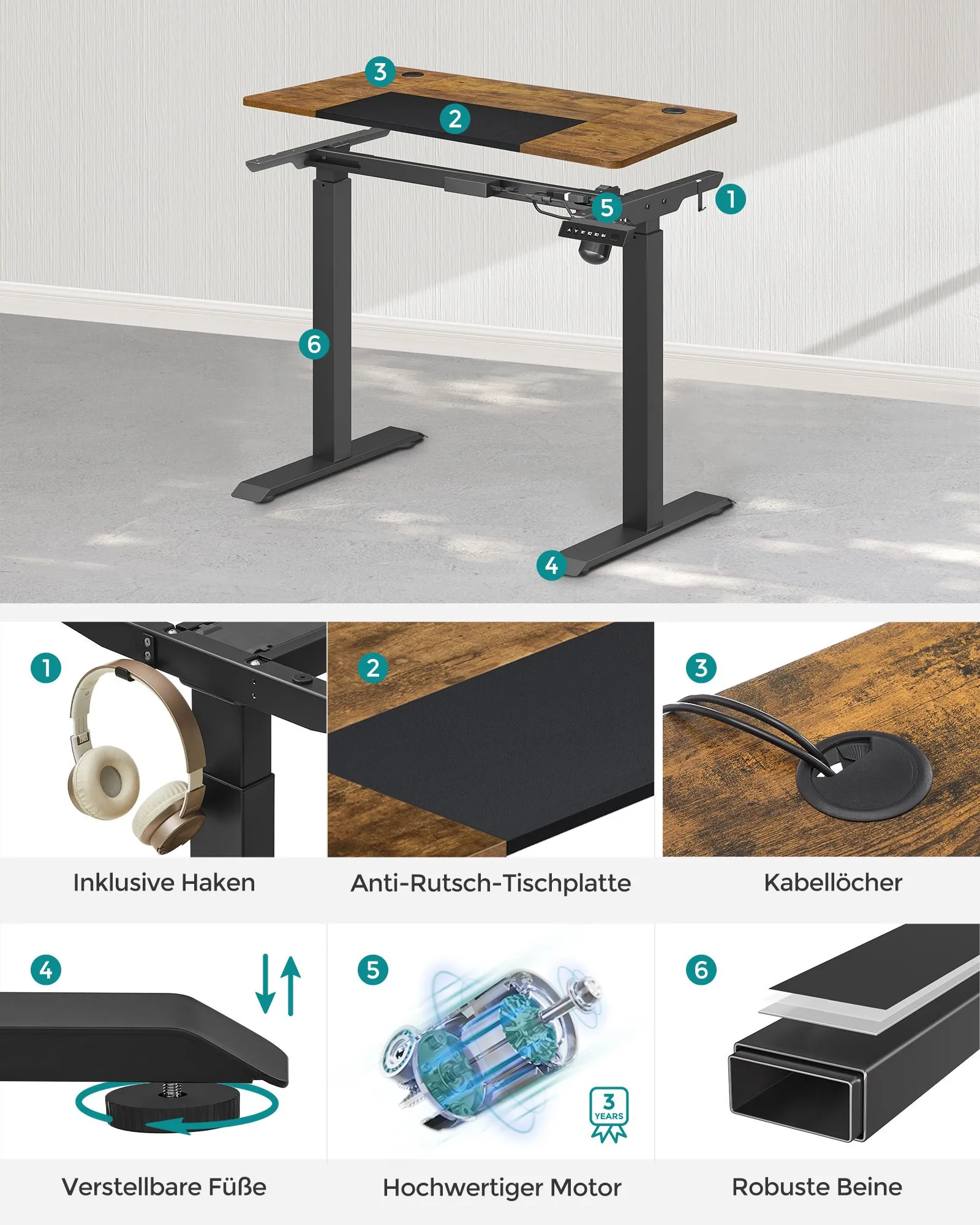 Elektrinis biuro stalas vintažinis rudas 60x120cm Elektrinis biuro stalas vintažinis rudas 60x120cm Akcija
