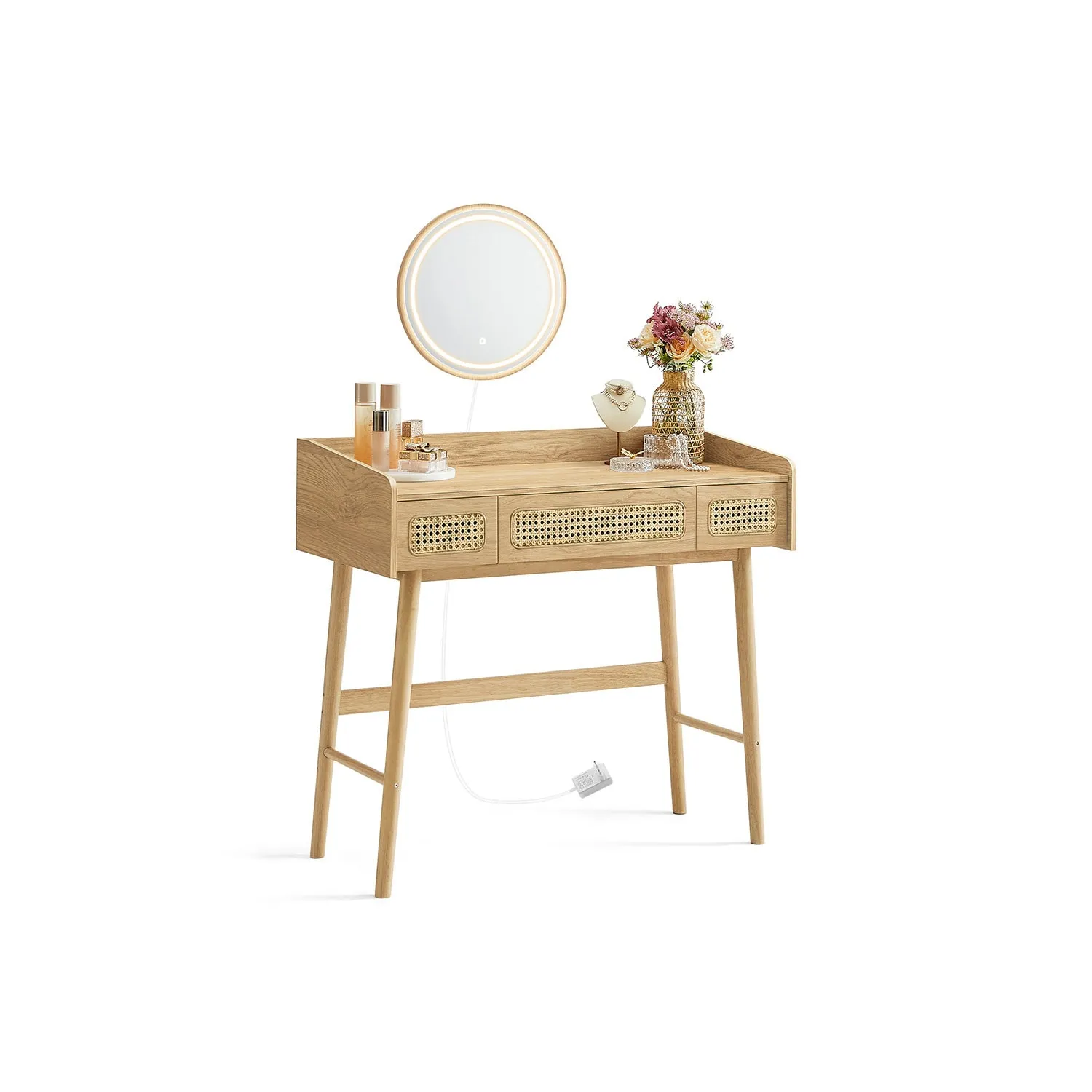 Kosmetinis stalelius Boho stiliaus kreminio ąžuolo spalvos su apvaliu vedrodiu ir LED apšvietimu Kosmetinis stalelius Boho stiliaus kreminio ąžuolo spalvos su apvaliu vedrodiu ir LED apšvietimu Akcija