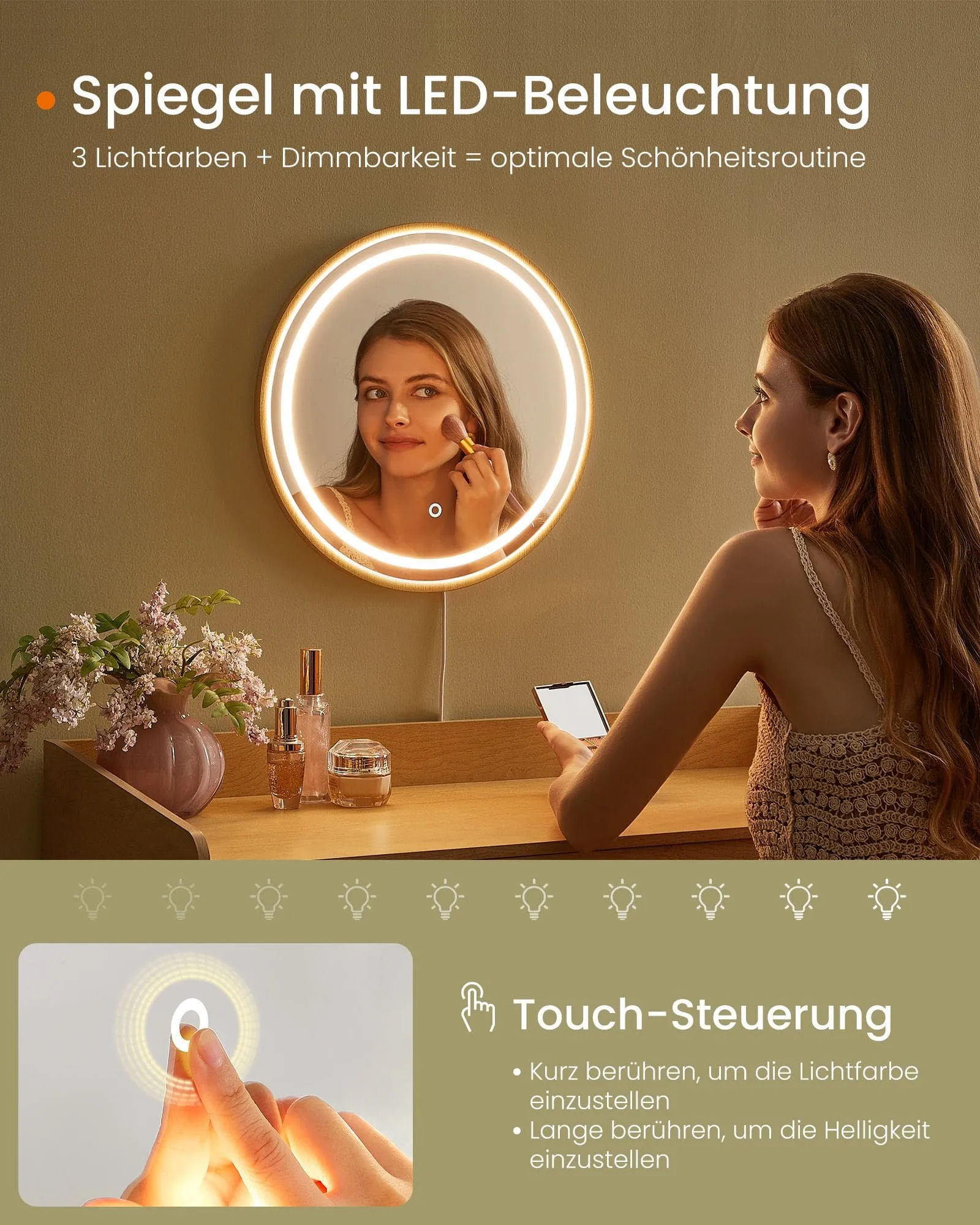 Kosmetinis stalelius Boho stiliaus kreminio ąžuolo spalvos su apvaliu vedrodiu ir LED apšvietimu Kosmetinis stalelius Boho stiliaus kreminio ąžuolo spalvos su apvaliu vedrodiu ir LED apšvietimu Akcija