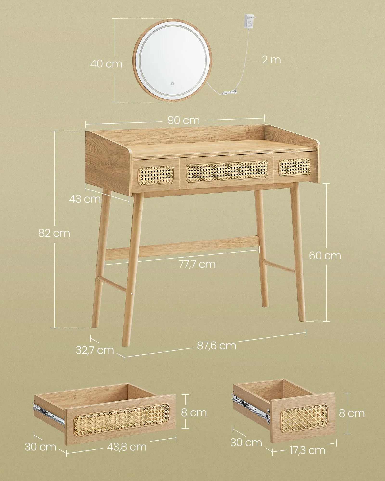 Kosmetinis stalelius Boho stiliaus kreminio ąžuolo spalvos su apvaliu vedrodiu ir LED apšvietimu Kosmetinis stalelius Boho stiliaus kreminio ąžuolo spalvos su apvaliu vedrodiu ir LED apšvietimu Akcija