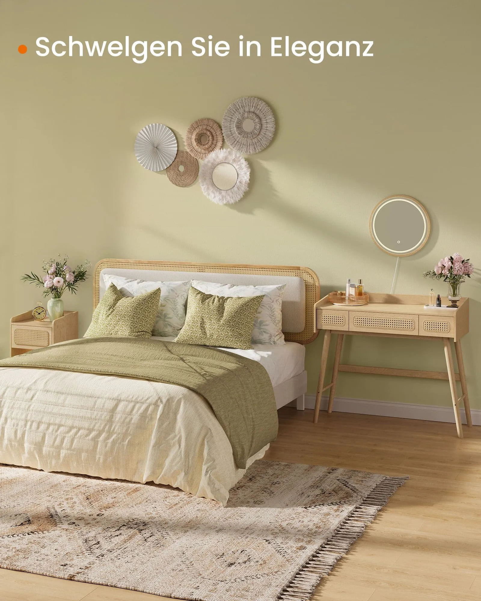 Kosmetinis stalelius Boho stiliaus kreminio ąžuolo spalvos su apvaliu vedrodiu ir LED apšvietimu Kosmetinis stalelius Boho stiliaus kreminio ąžuolo spalvos su apvaliu vedrodiu ir LED apšvietimu Akcija