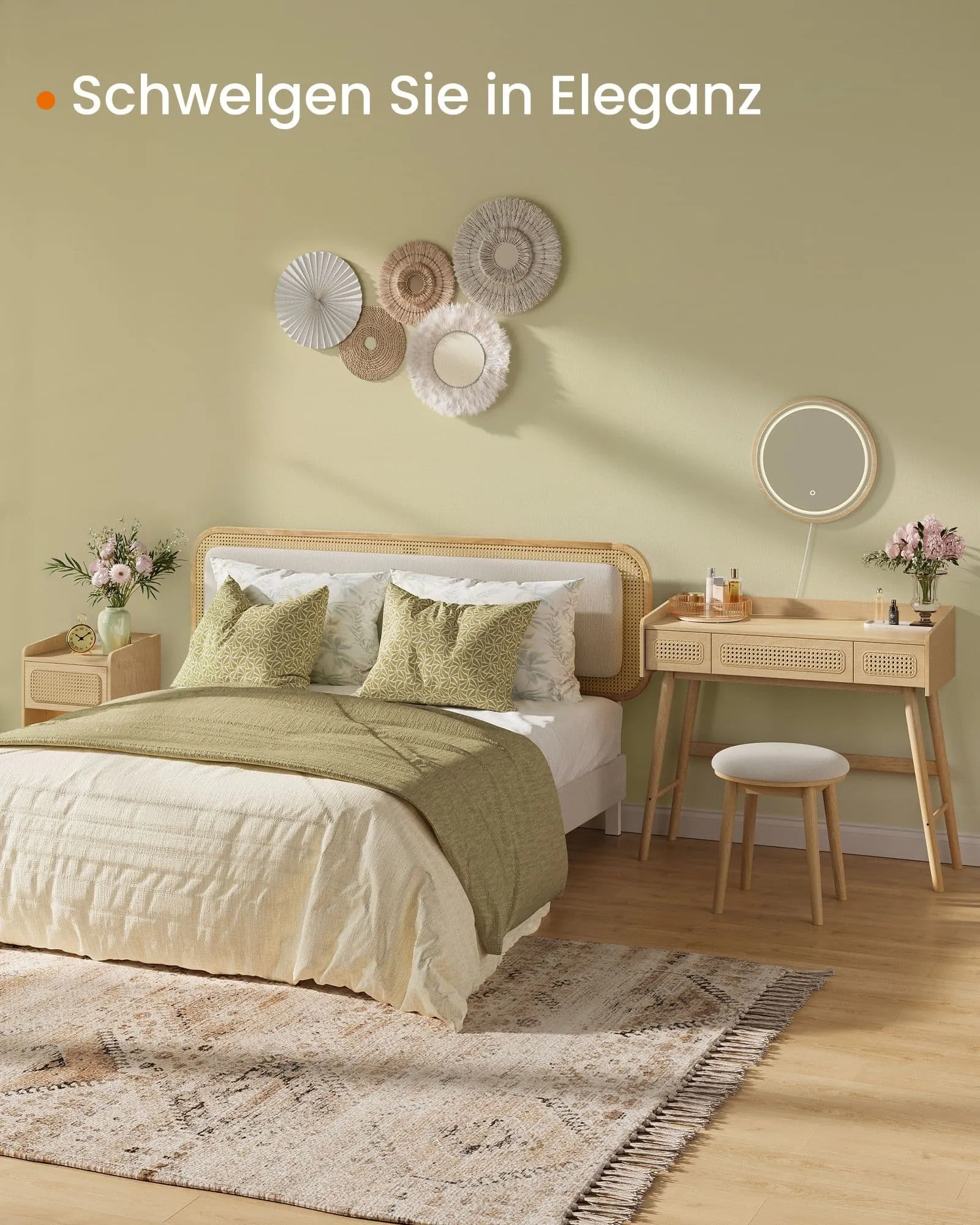 Kosmetinis stalelius Boho stiliaus kreminio ąžuolo spalvos su apvaliu vedrodiu ir LED apšvietimu Kosmetinis stalelius Boho stiliaus kreminio ąžuolo spalvos su apvaliu vedrodiu ir LED apšvietimu Akcija