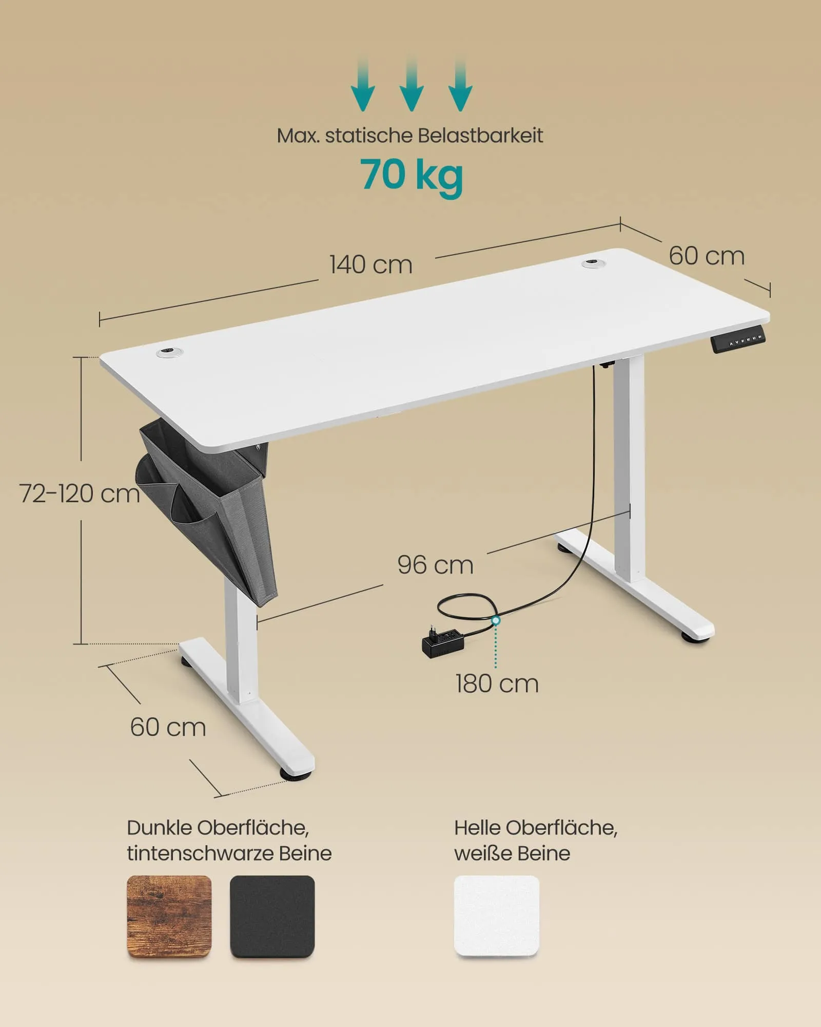 Elektrinis baltos spalvos biuro stalas 60x140cm Elektrinis baltos spalvos biuro stalas 60x140cm Akcija