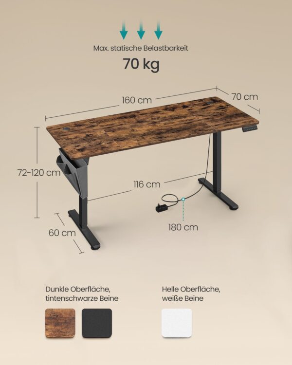 Elektrinis aukščio reguliavimo stalas 70 x 160 cm, industrinis rudas stalviršis 5
