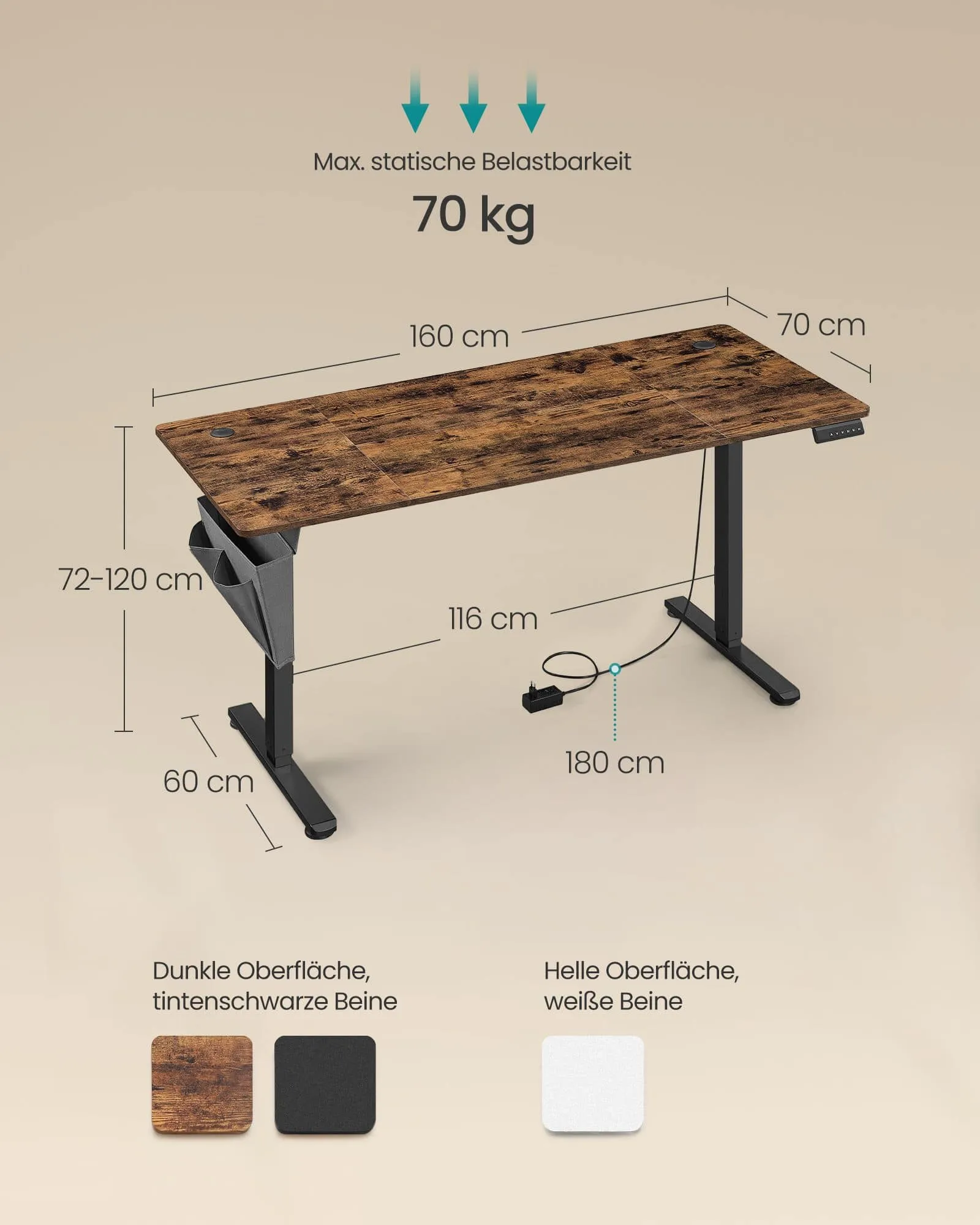 Elektrinis aukščio reguliavimo stalas 70 x 160 cm, industrinis rudas stalviršis Elektrinis aukščio reguliavimo stalas 70 x 160 cm, industrinis rudas stalviršis Akcija