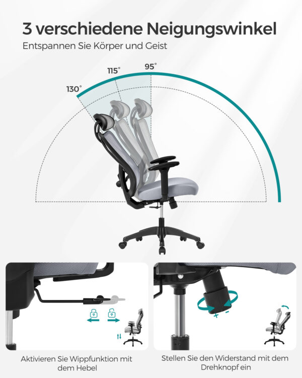 Elegantiška biuro kėdė reguliuojama ergonominė pilka iki 150 kg 4