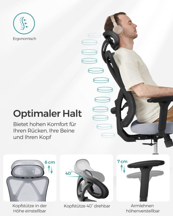 Elegantiška biuro kėdė reguliuojama ergonominė pilka iki 150 kg 5