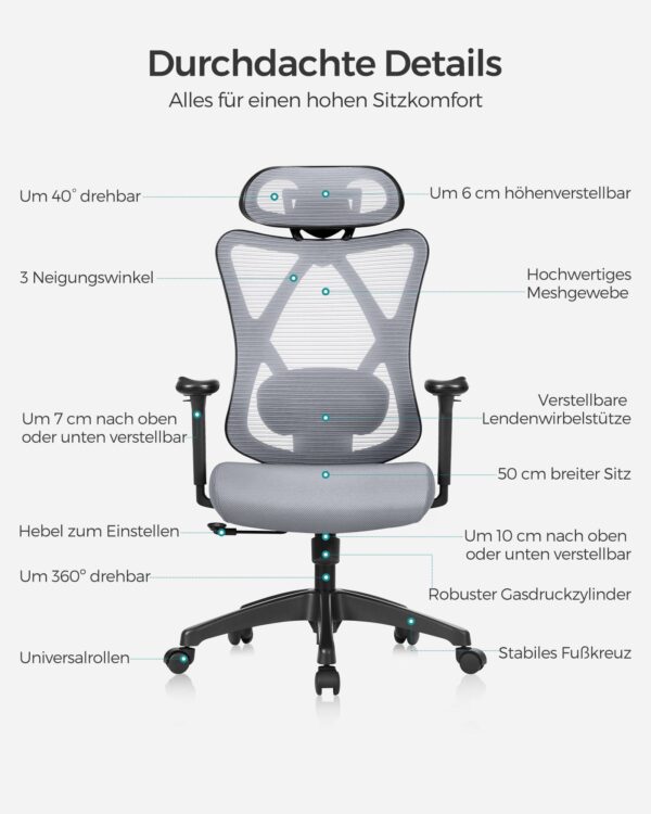 Elegantiška biuro kėdė reguliuojama ergonominė pilka iki 150 kg 8