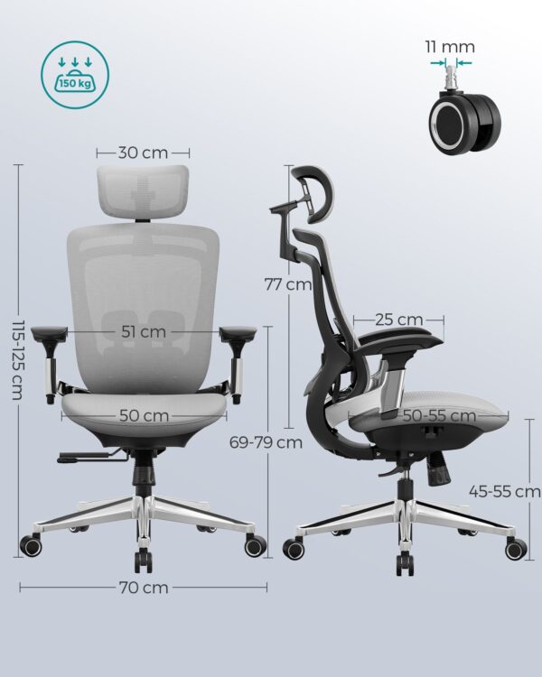 Ergonominė pilnai reguliuojama biuro kėdė su tinkleliu pilka 9