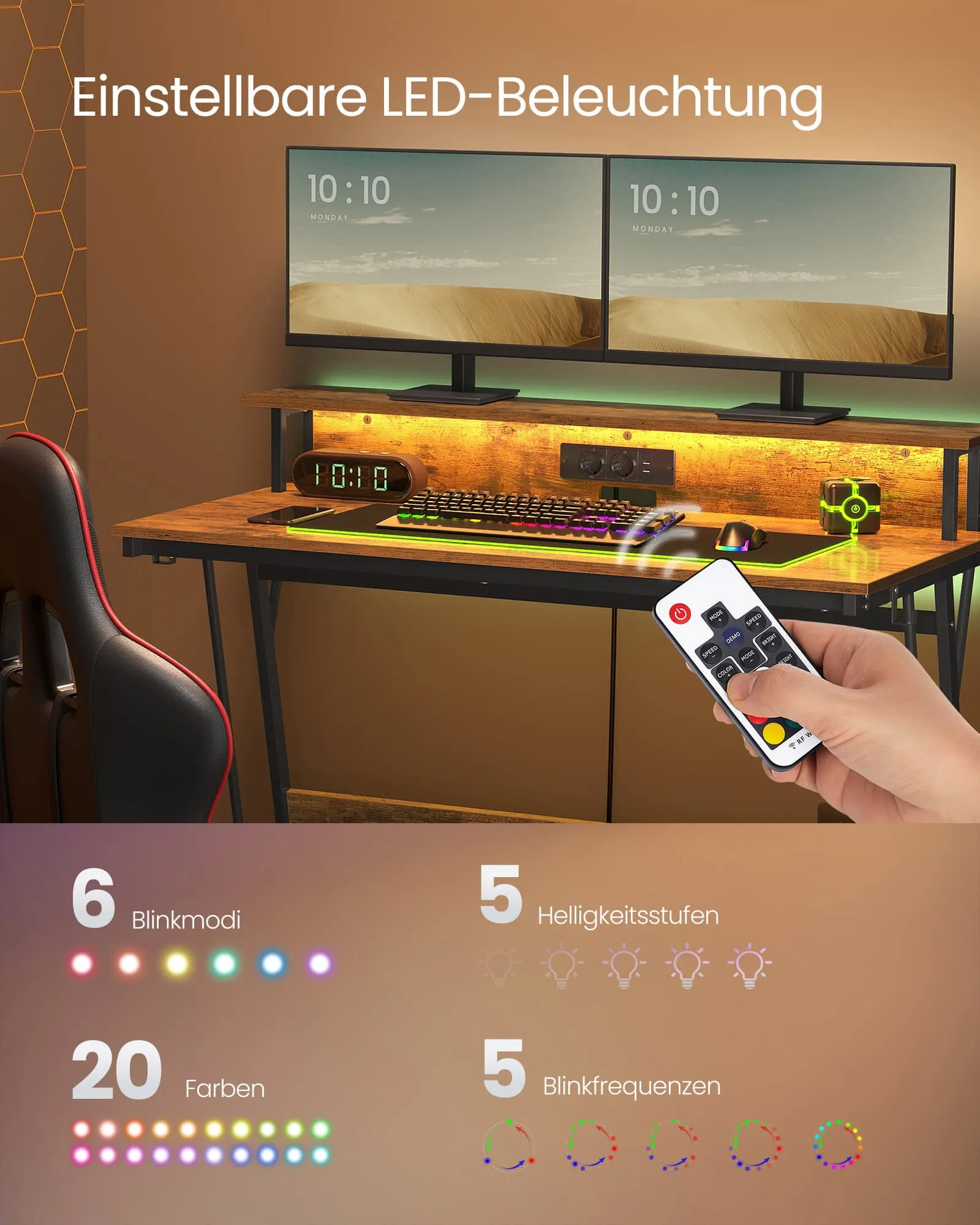 Kompiuterio stalas su LED ir stovu monitoriui vintažinis rudas Kompiuterio stalas su LED ir stovu monitoriui vintažinis rudas Akcija