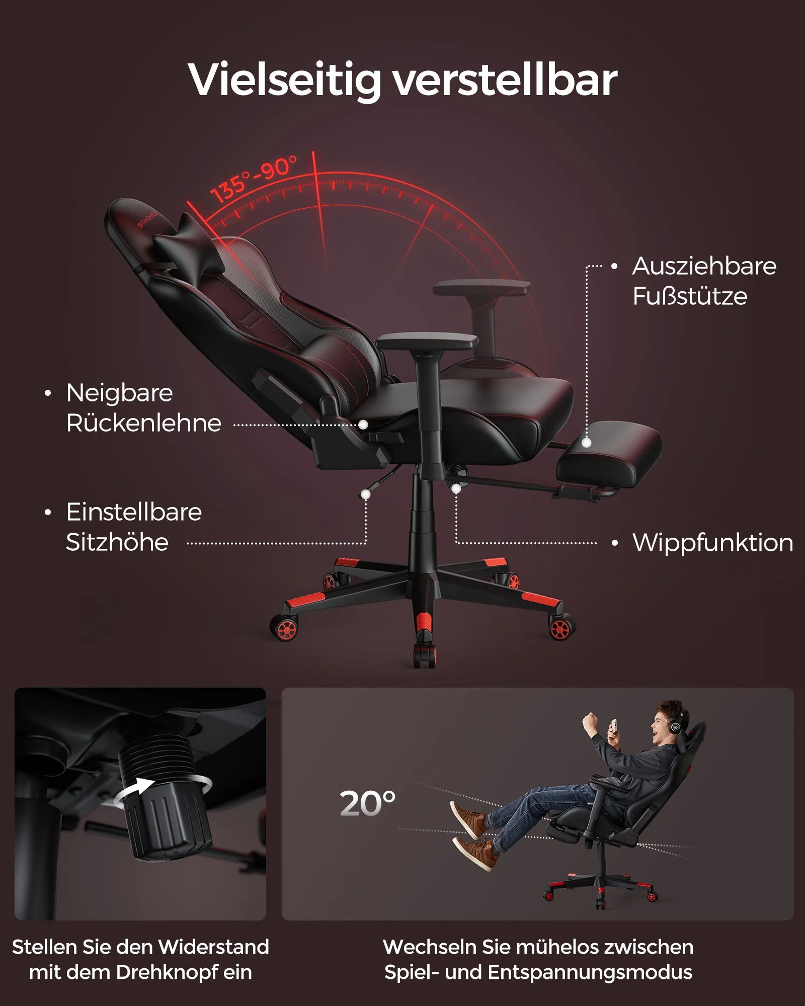 Ergonomiška žaidimų kėdė su porankiais ir galvos atrama, juodos ir raudonos spalvos Ergonomiška žaidimų kėdė su porankiais ir galvos atrama, juodos ir raudonos spalvos Akcija