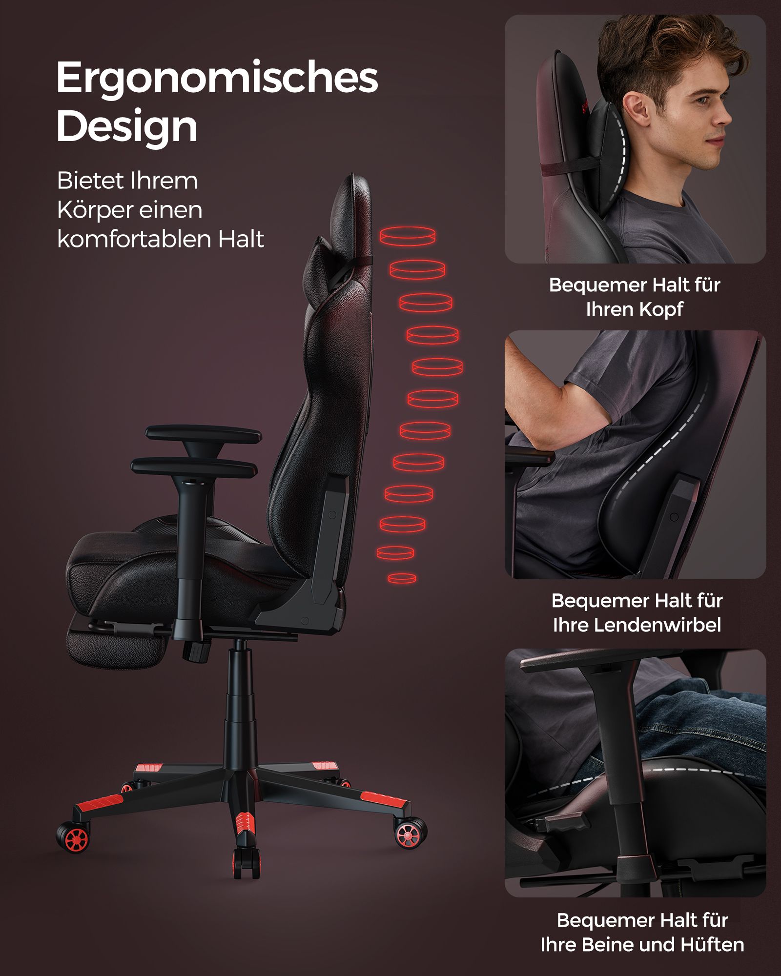 Ergonomiška žaidimų kėdė su porankiais ir galvos atrama, juodos ir raudonos spalvos 7 Ergonomiška žaidimų kėdė su porankiais ir galvos atrama, juodos ir raudonos spalvos 7