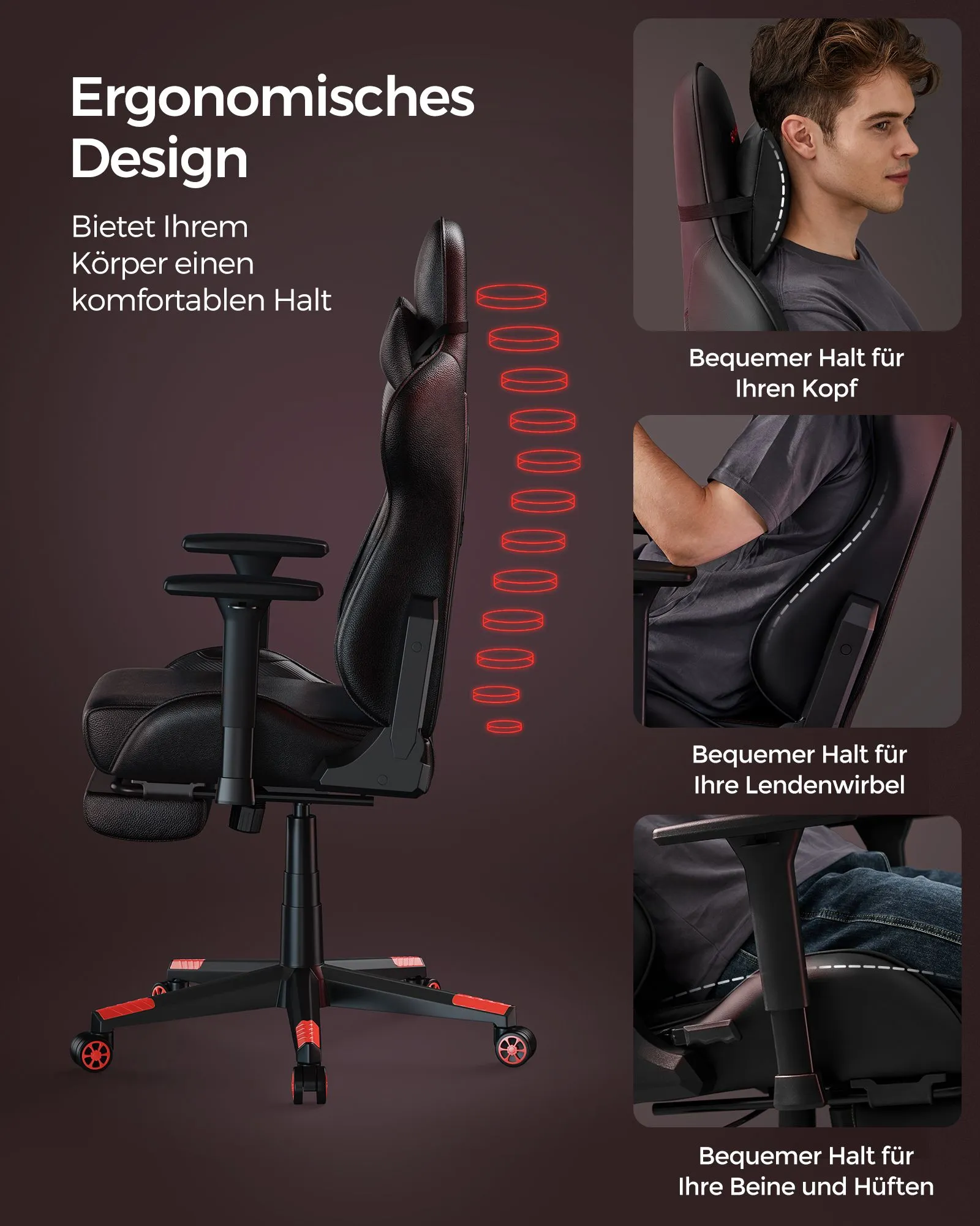 Ergonomiška žaidimų kėdė su porankiais ir galvos atrama, juodos ir raudonos spalvos Ergonomiška žaidimų kėdė su porankiais ir galvos atrama, juodos ir raudonos spalvos Akcija