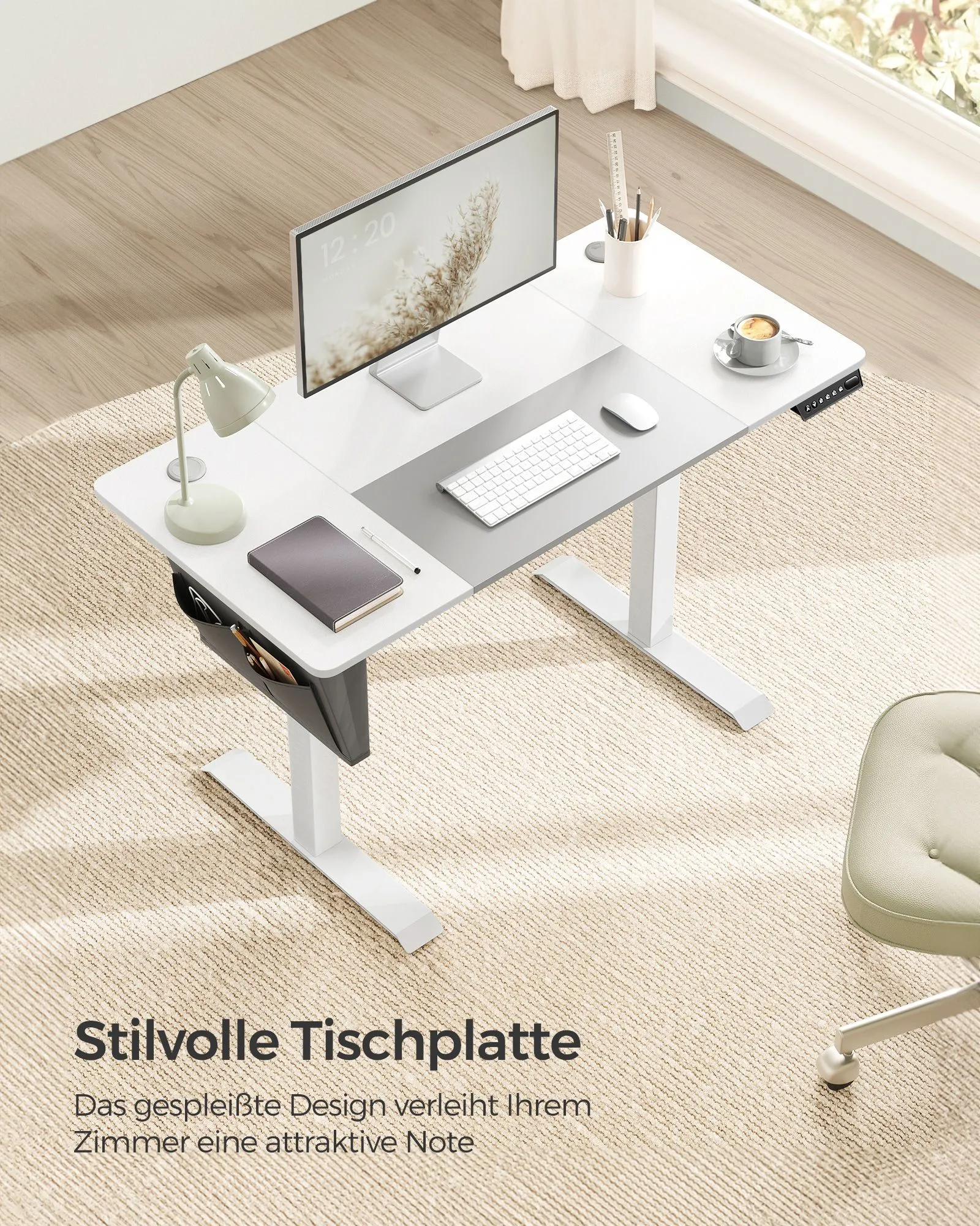 Reguliuojamo aukščio elektrinis rašomasis stalas, baltas-pilkas 60×120 cm Reguliuojamo aukščio elektrinis rašomasis stalas, baltas-pilkas 60×120 cm Akcija