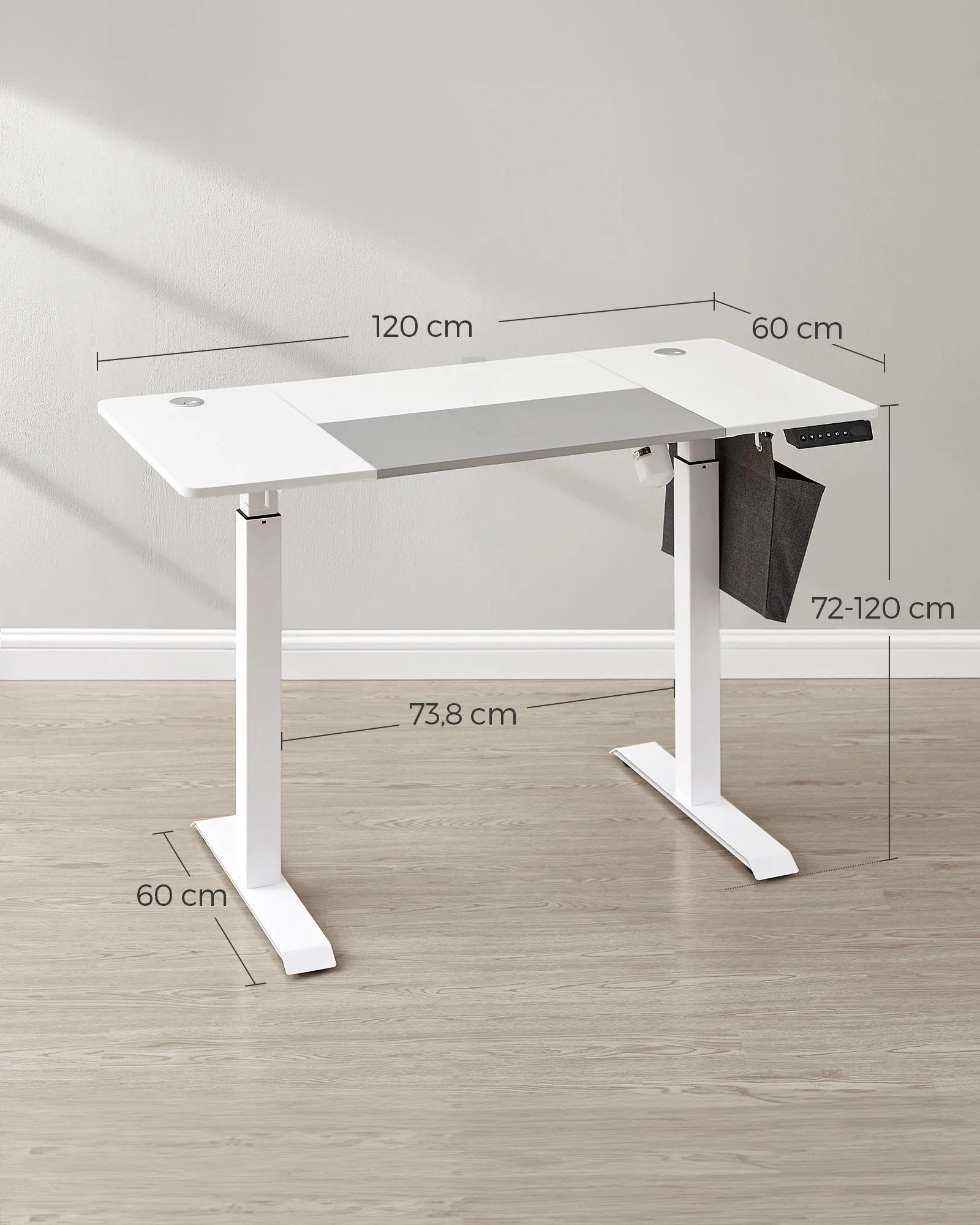 Reguliuojamo aukščio elektrinis rašomasis stalas, baltas-pilkas 60×120 cm Reguliuojamo aukščio elektrinis rašomasis stalas, baltas-pilkas 60×120 cm Akcija