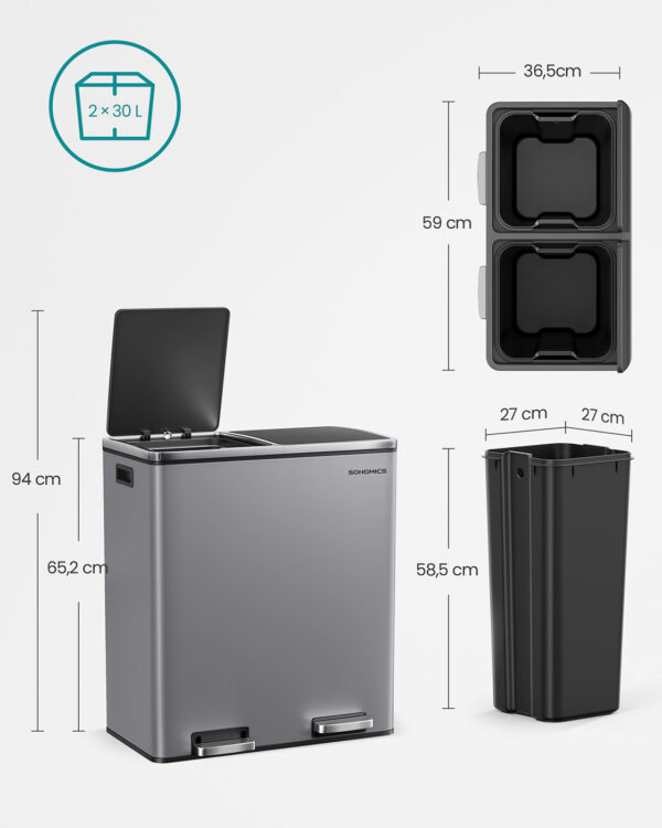 Šiukšliadėžė 2 skyrių skalūno pilka 2x30L lėtai užsidaranti 6