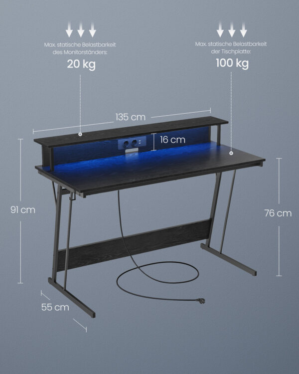Biuro stalas juodas su monitoriaus stovu ir elektros lizdais 55x135cm 5