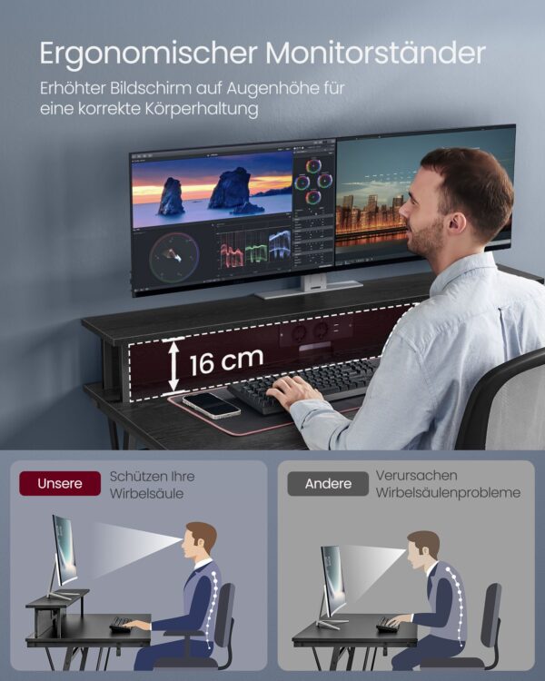 Biuro stalas juodas su monitoriaus stovu ir elektros lizdais 55x135cm 6