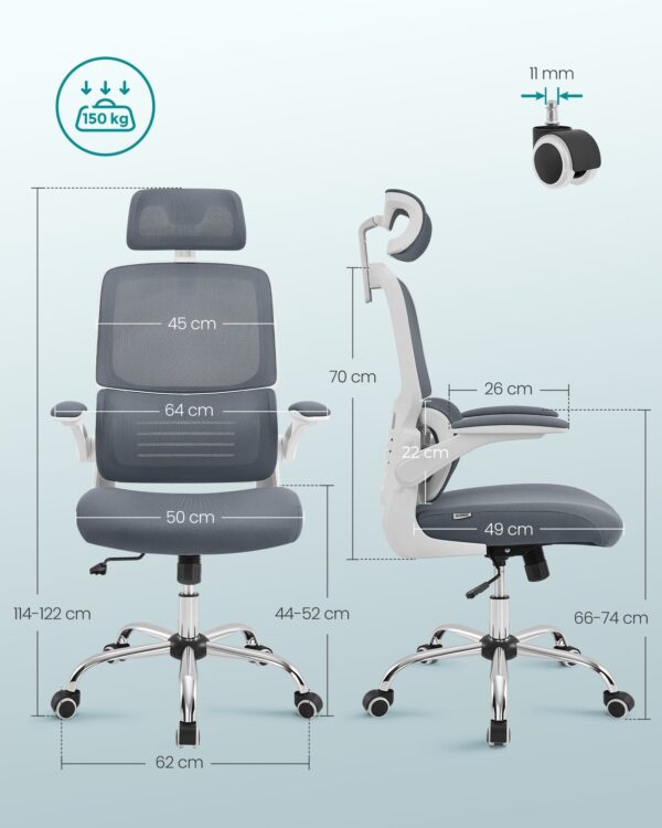 Ergonominė biuro kėdė pilka su juosmens ir galvos atrama 8