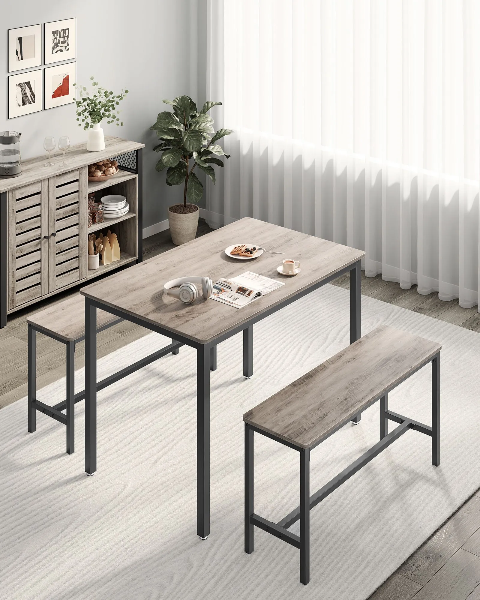 Valgomojo stalas su 2 suolais, 3 dalių komplektas, industrinio stiliaus, pilkai juodas, 110 x 70 cm Valgomojo stalas su 2 suolais, 3 dalių komplektas, industrinio stiliaus, pilkai juodas, 110 x 70 cm Stalai