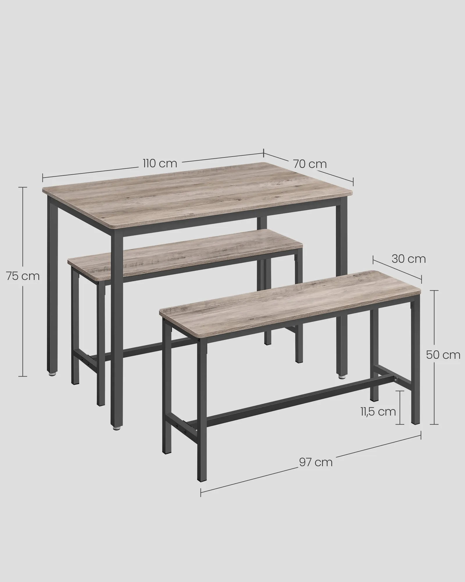 Valgomojo stalas su 2 suolais, 3 dalių komplektas, industrinio stiliaus, pilkai juodas, 110 x 70 cm Valgomojo stalas su 2 suolais, 3 dalių komplektas, industrinio stiliaus, pilkai juodas, 110 x 70 cm Stalai