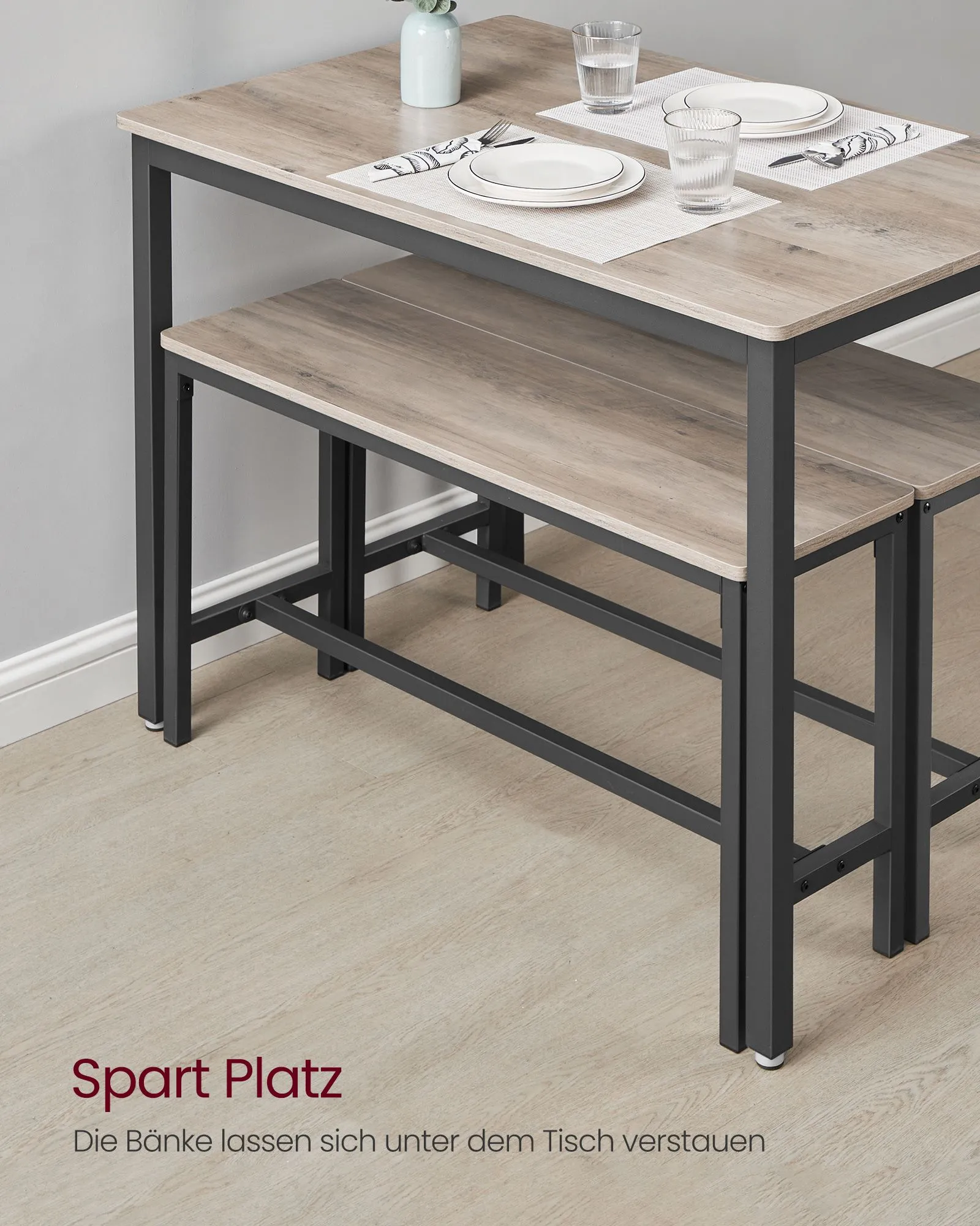 Valgomojo stalas su 2 suolais, 3 dalių komplektas, industrinio stiliaus, pilkai juodas, 110 x 70 cm Valgomojo stalas su 2 suolais, 3 dalių komplektas, industrinio stiliaus, pilkai juodas, 110 x 70 cm Stalai